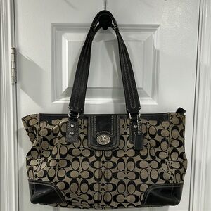 Coach Hampton Black and Tan Signature Tote with Geometric Pattern